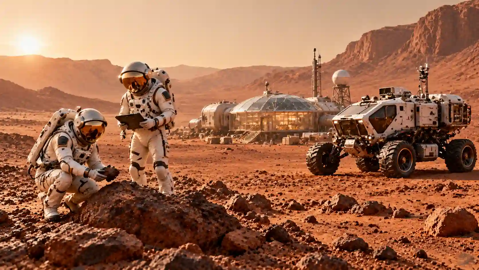 Inside NASA’s Plans for the First Human Mission to Mars featuring surface habitat and astronauts exploring Martian plains