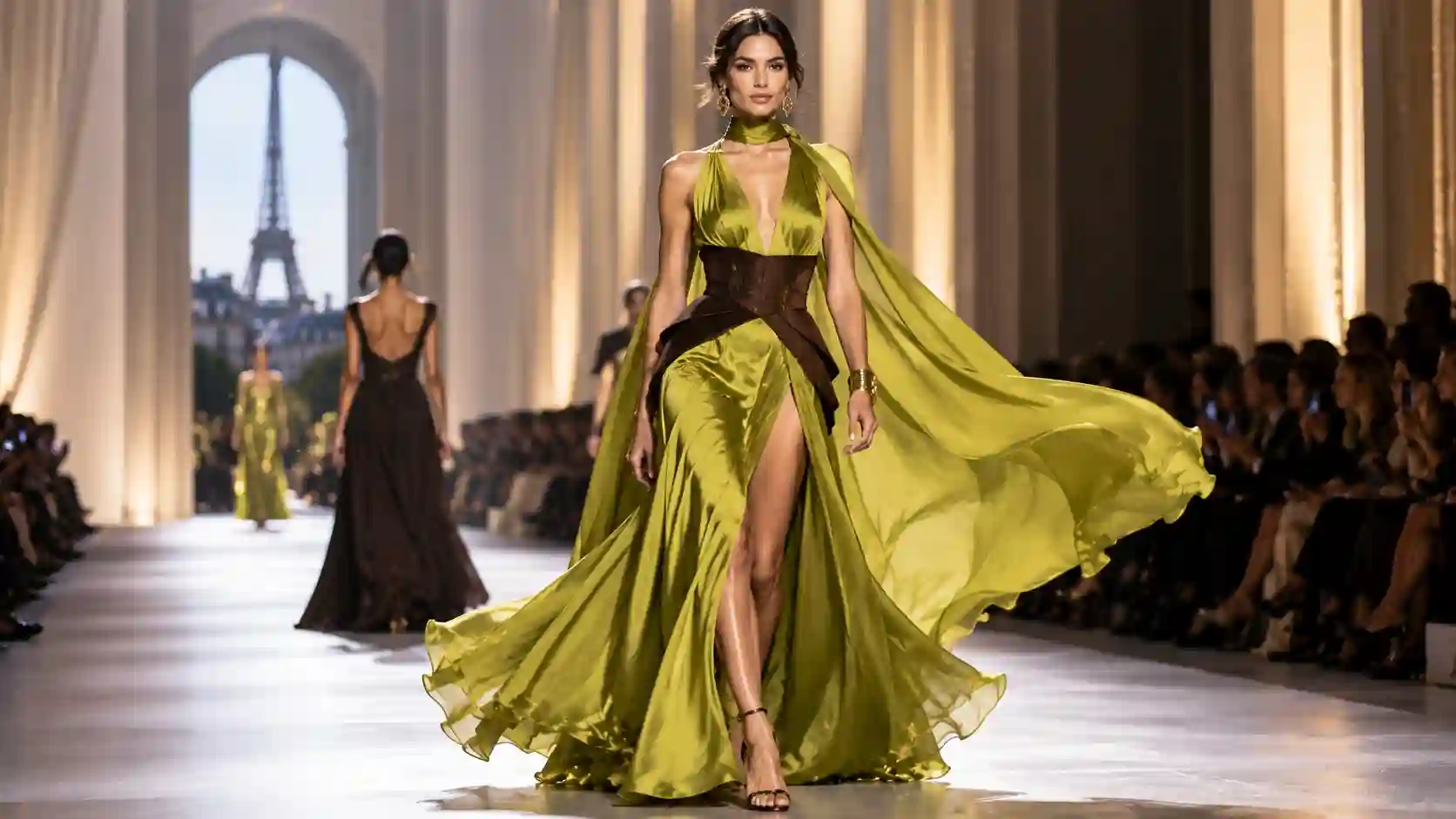 The Unexpected Color Dominating Paris Fashion Week featuring a model in a vibrant chartreuse runway gown