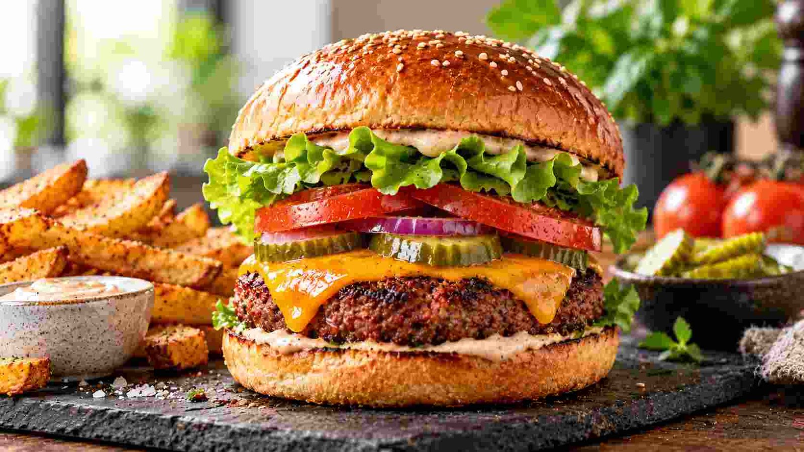 Why Plant-Based Burgers Are Here to Stay showing a gourmet seared plant burger on a brioche bun