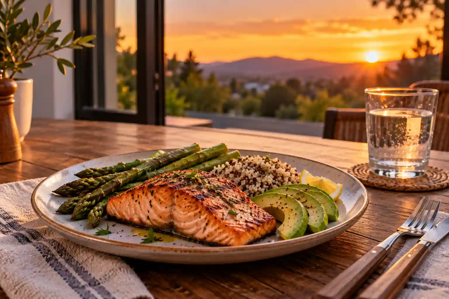 Many benefits of early dinner showing a wholesome meal on a table during sunset