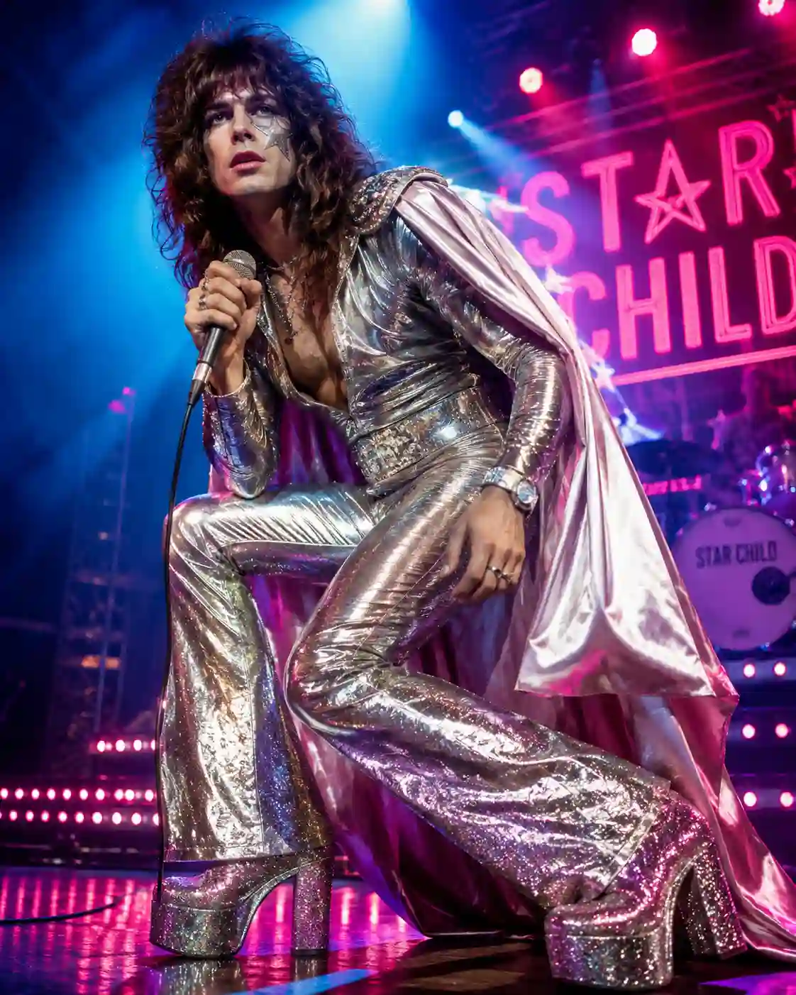 70s glam rock fashion showing a rock star in a metallic jumpsuit and platform boots on a neon-lit stage