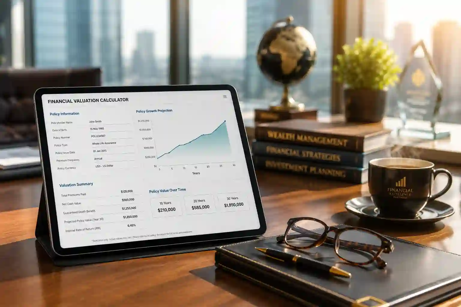 : Abacus life insurance calculator showing financial valuation tools on a tablet in a corporate office
