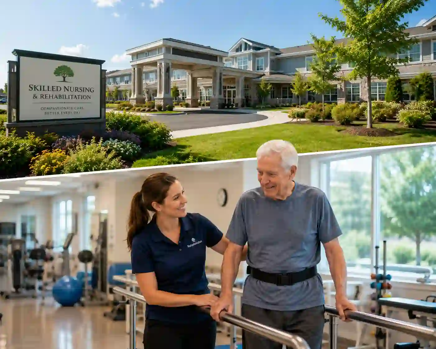 Alliance Health at Braintree showing a compassionate physical therapist assisting a senior resident in a sunny therapy gym