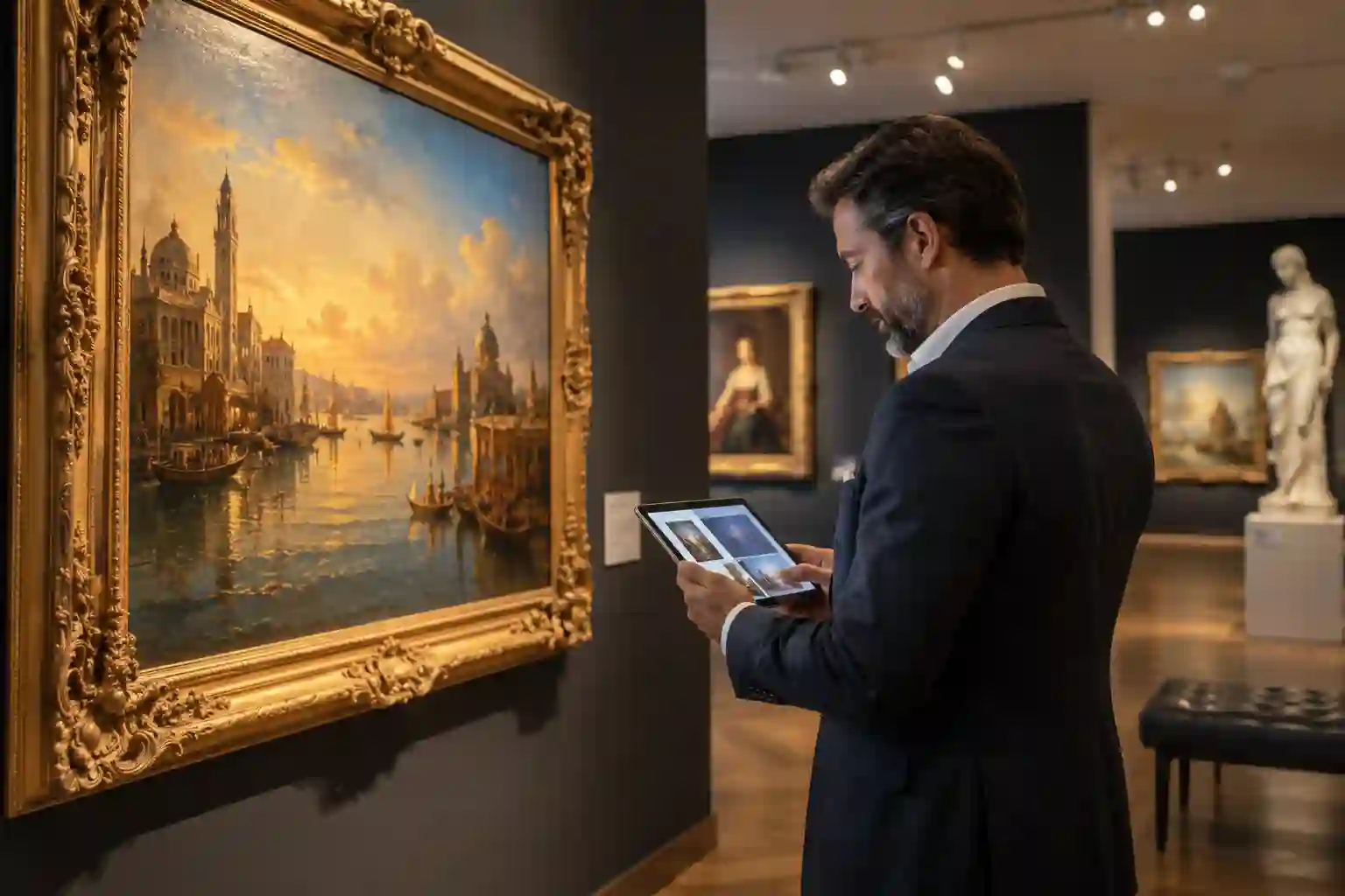 AXA art insurance showing a fine art masterpiece in a gallery with a collector reviewing portfolio documents