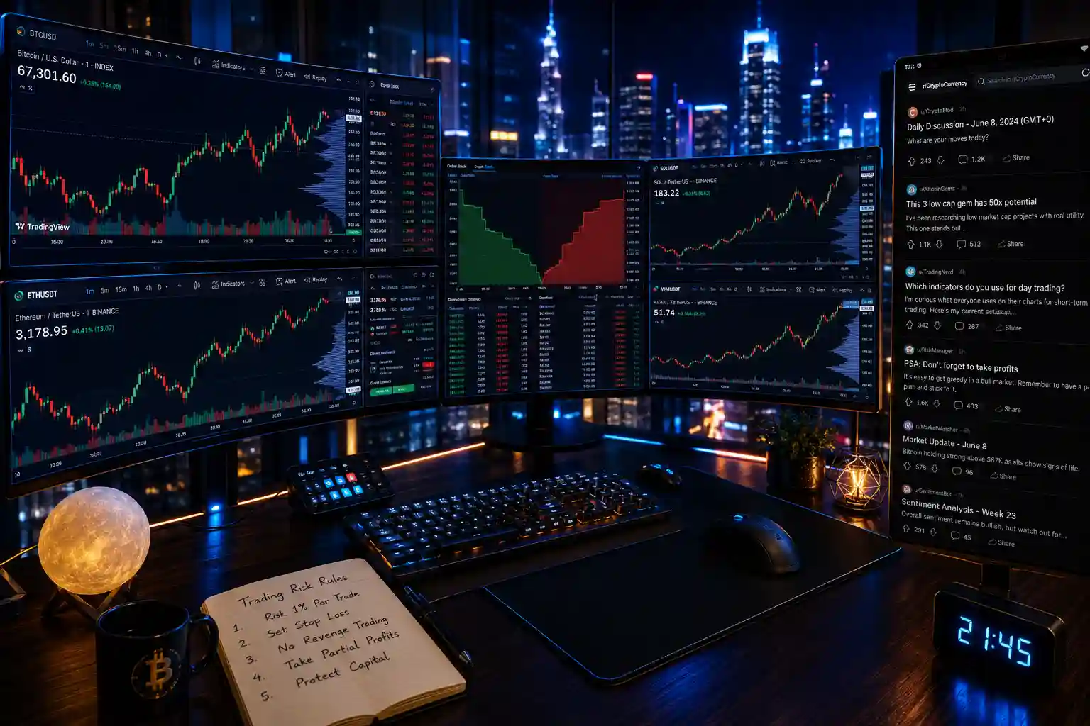: Day trading cryptocurrency Reddit strategies, tips, and community insights on modern multi-monitor trading desk.
