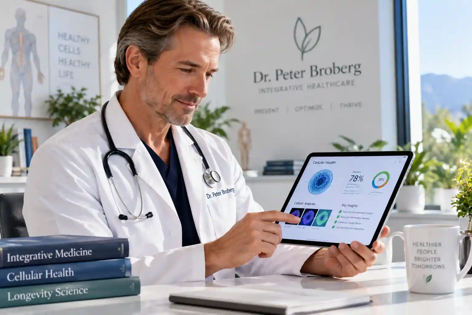 Dr. Peter Broberg reviewing cutting-edge digital health analytics in a modern clinic