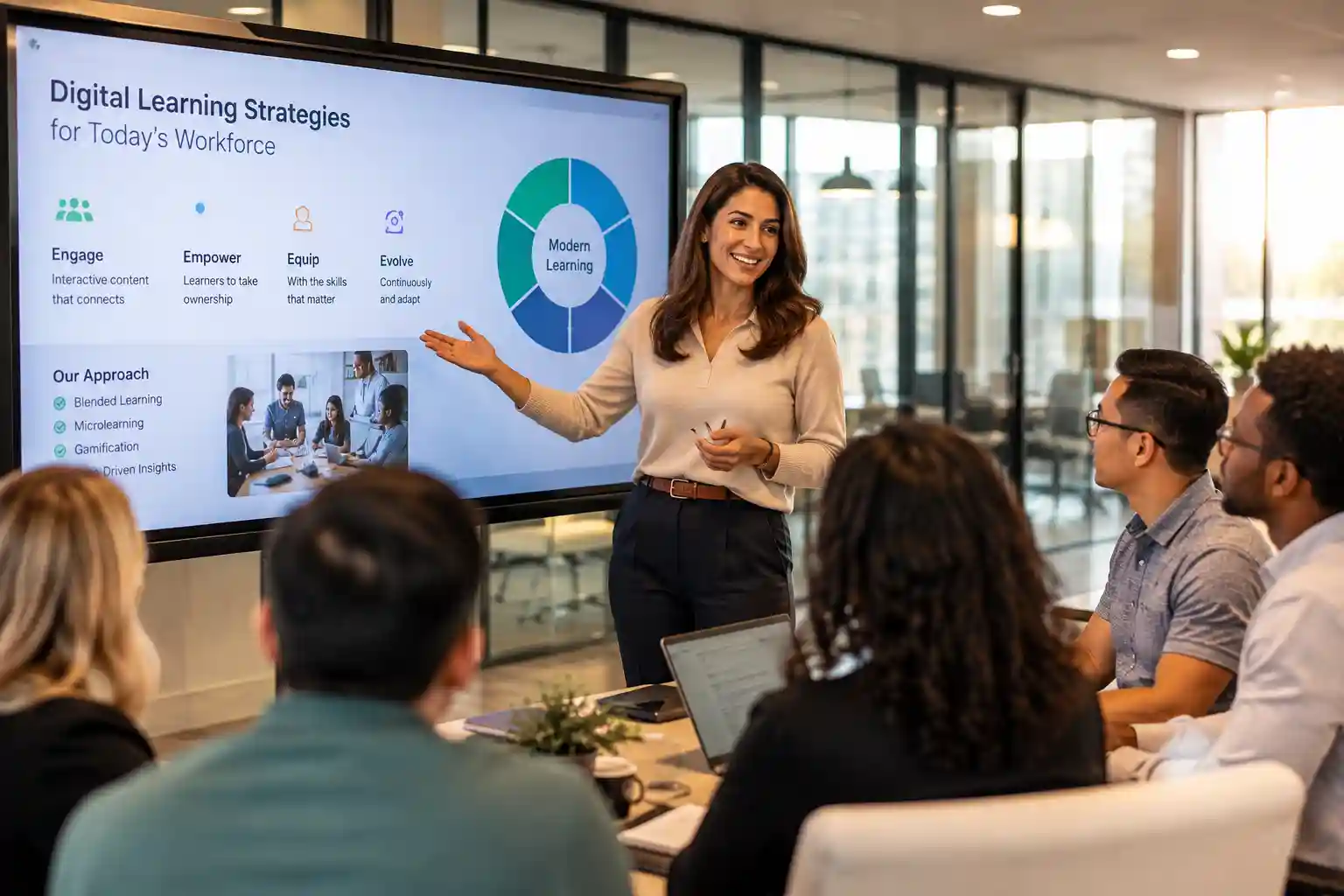 Education degree job opportunities showing a versatile professional leading a corporate training workshop in a modern office