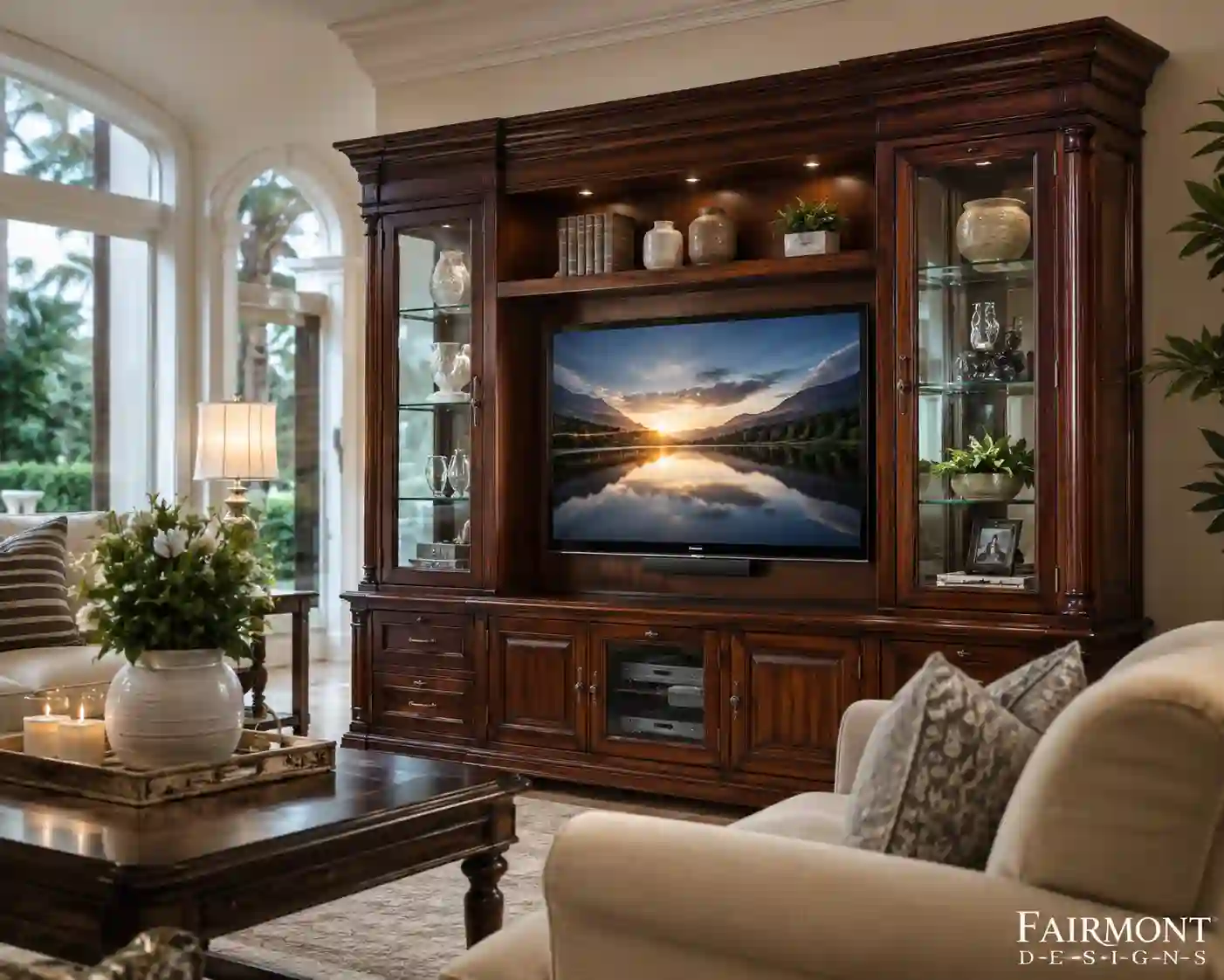 Fairmont Designs entertainment center showing a luxurious solid wood media wall unit in a sophisticated living room