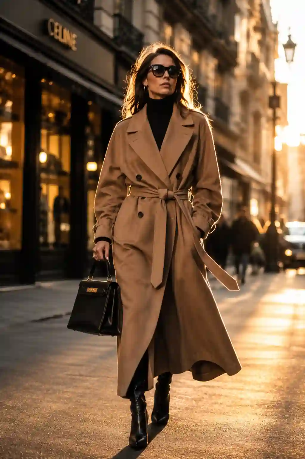 Fame fashion showing a confident style icon in a tailored trench coat and designer sunglasses on a metropolitan street