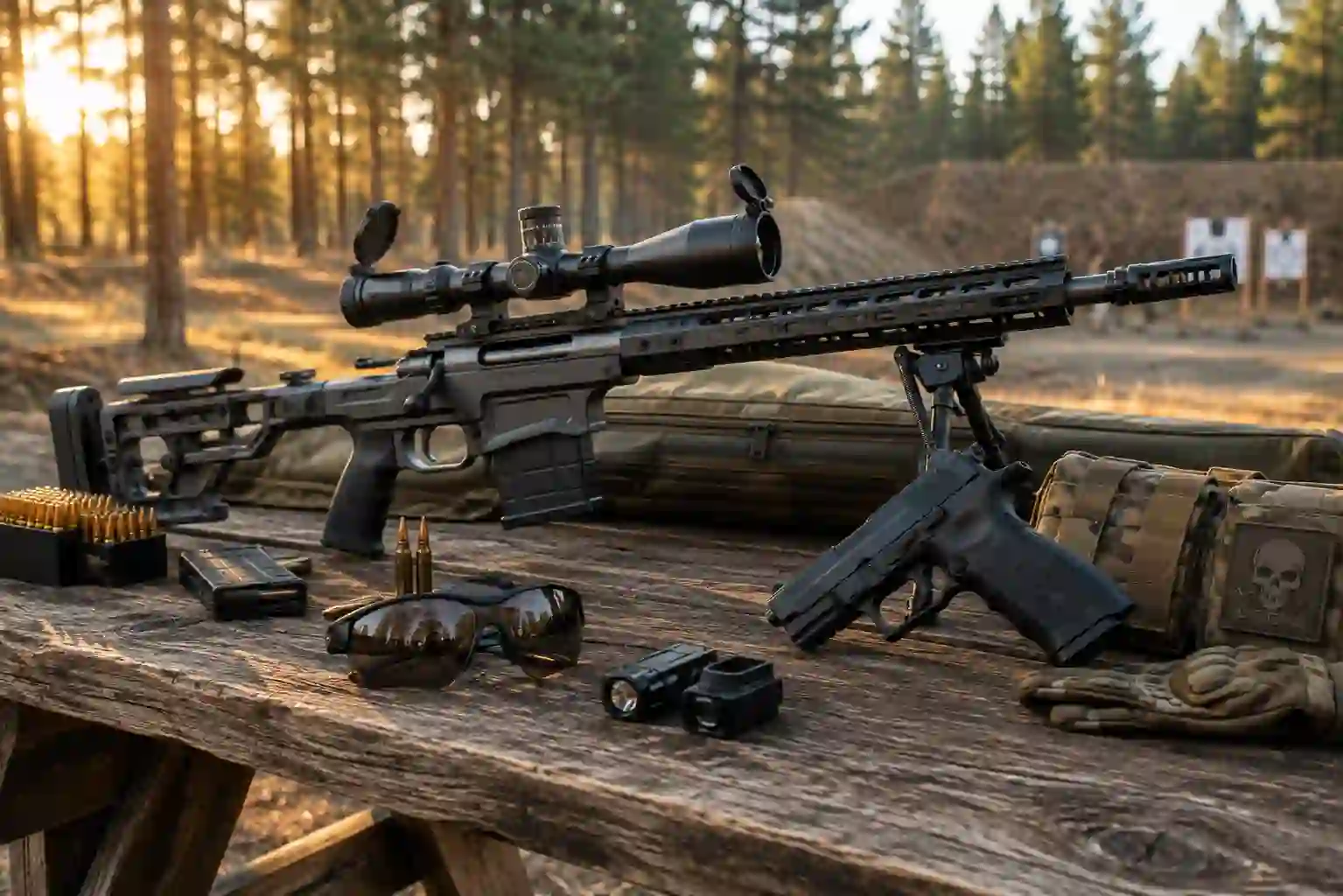 Flexstar gun financing showing a modern precision rifle and tactical pistol on a shooting bench at a range