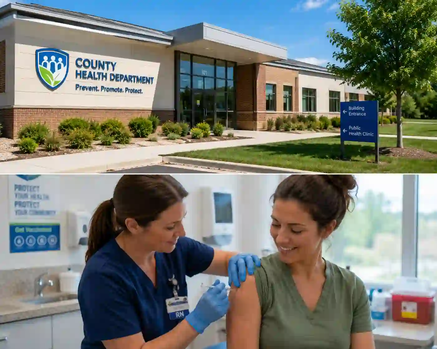 Gastonia Health Department showing a modern health building exterior and a compassionate nurse with a patient