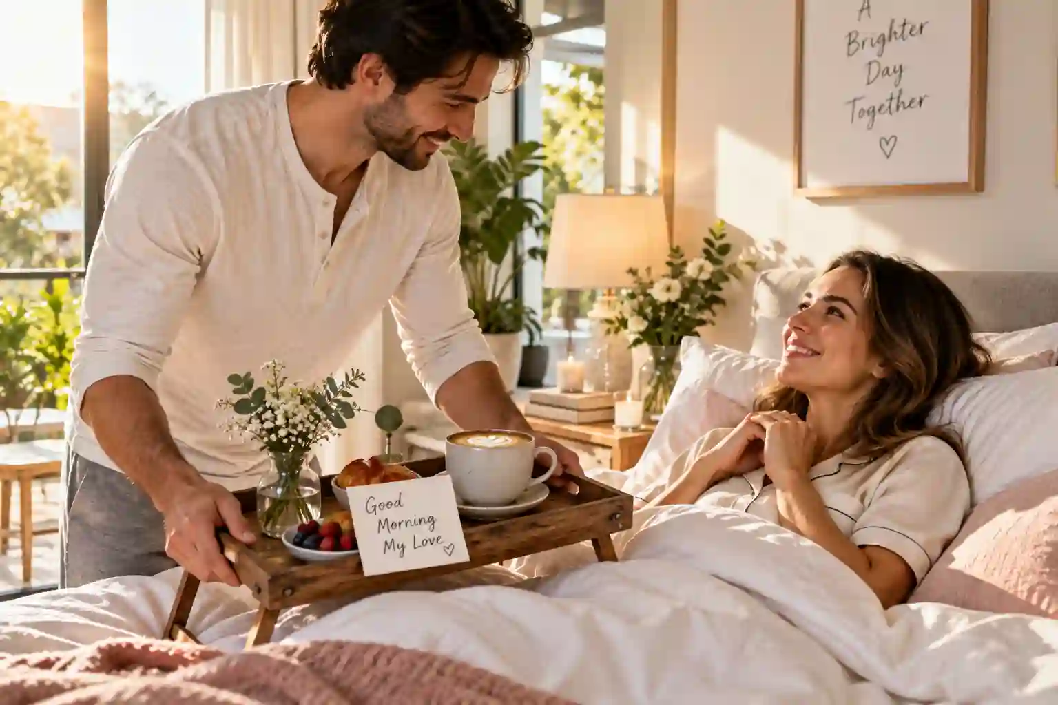 Good morning beautiful wife showing a loving husband bringing coffee in bed