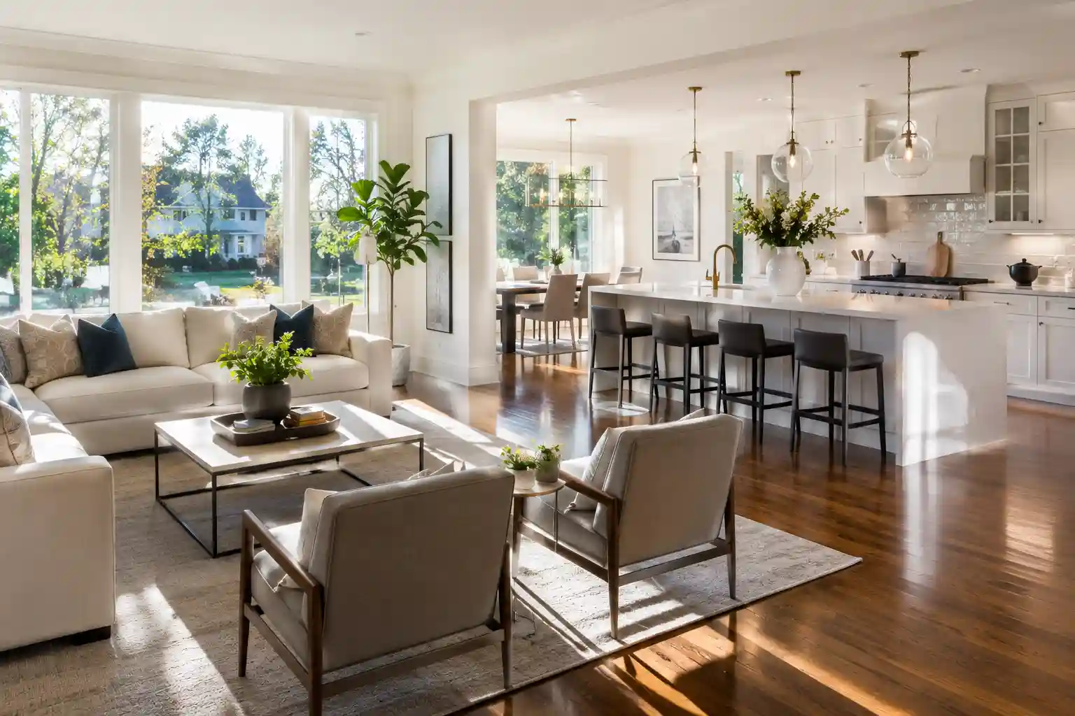 Home cleaning services Auburn showing a pristine, bright, and professionally cleaned modern living room and kitchen
