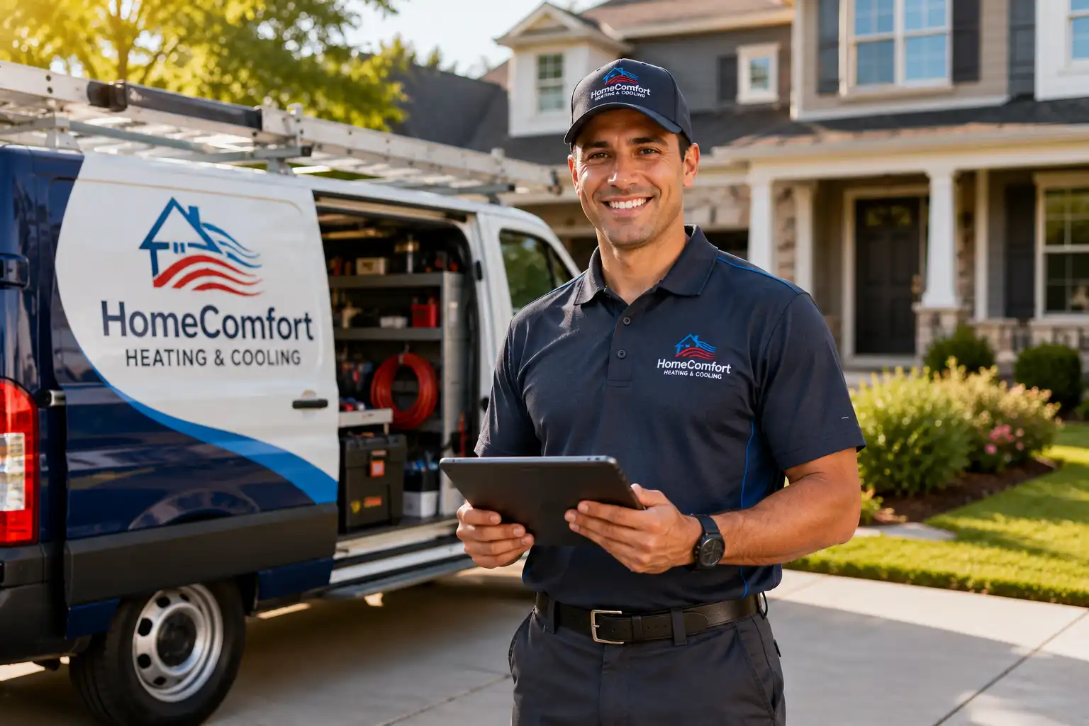 Starting a successful home service business showing a professional technician next to a service van