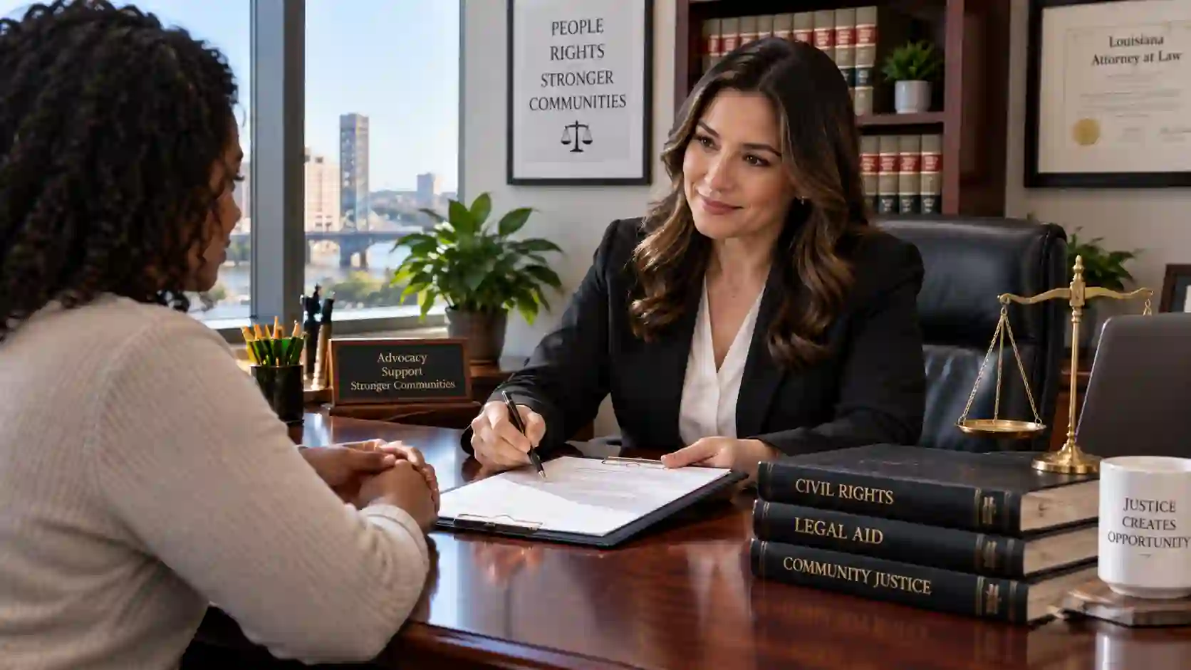 Legal aid Shreveport showing a compassionate attorney consulting with a client over legal documents
