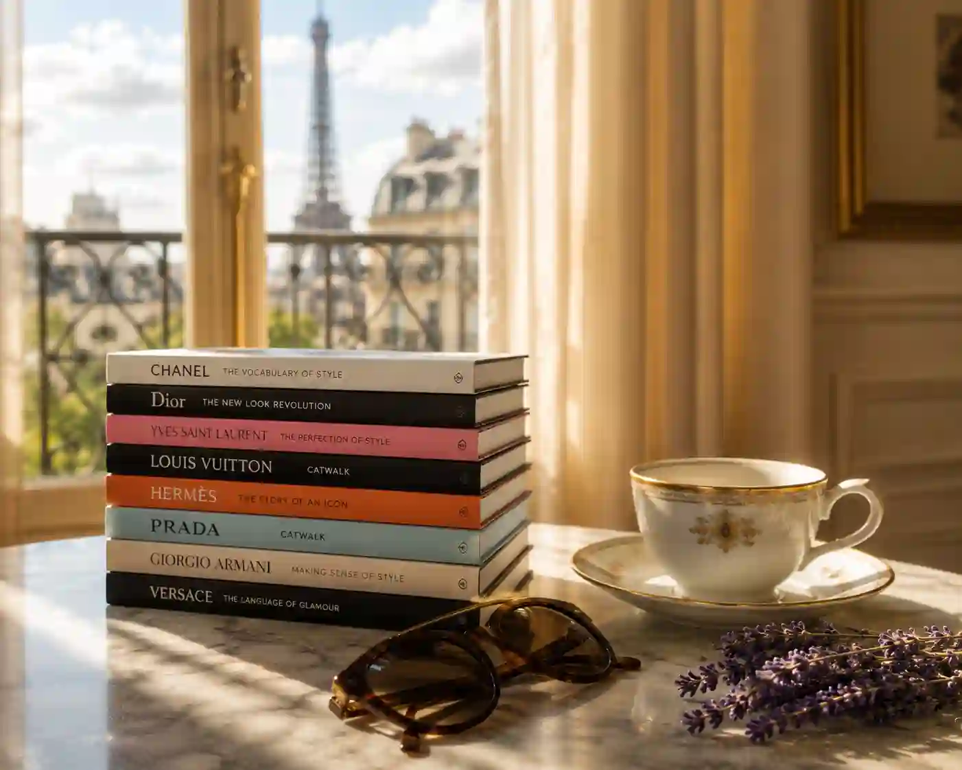 Little Books of Fashion showing a stack of luxury fashion monographs on a marble coffee table in a Parisian apartment