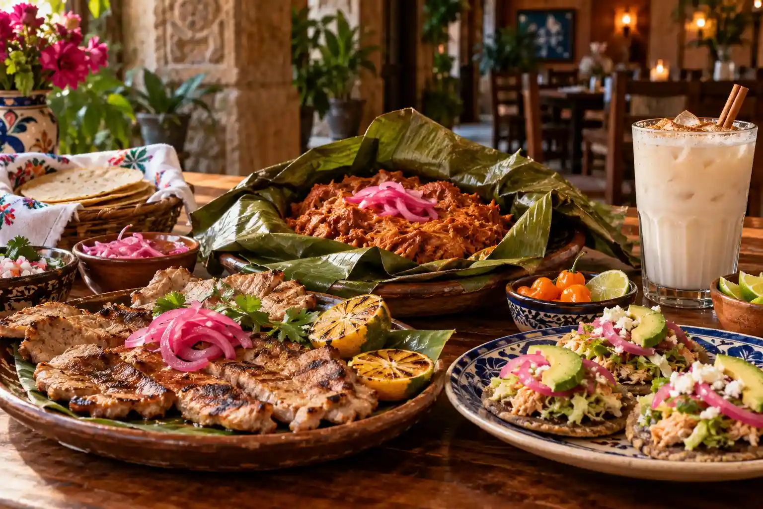 Loltun Restaurant showing traditional Yucatecan dishes including poc-chuc and cochinita pibil