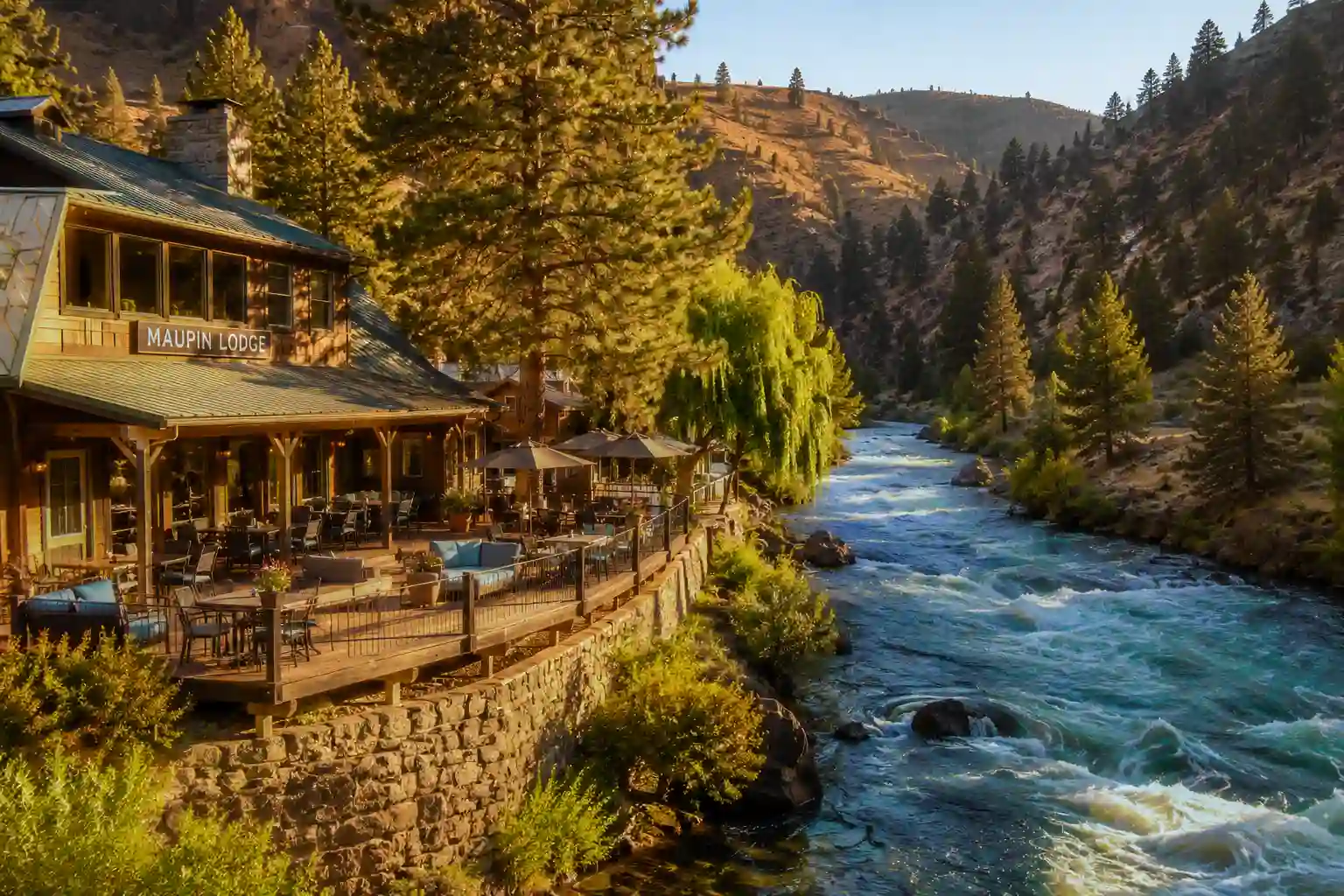 Maupin Oregon hotels showing a rustic riverfront lodge alongside the Deschutes River canyon