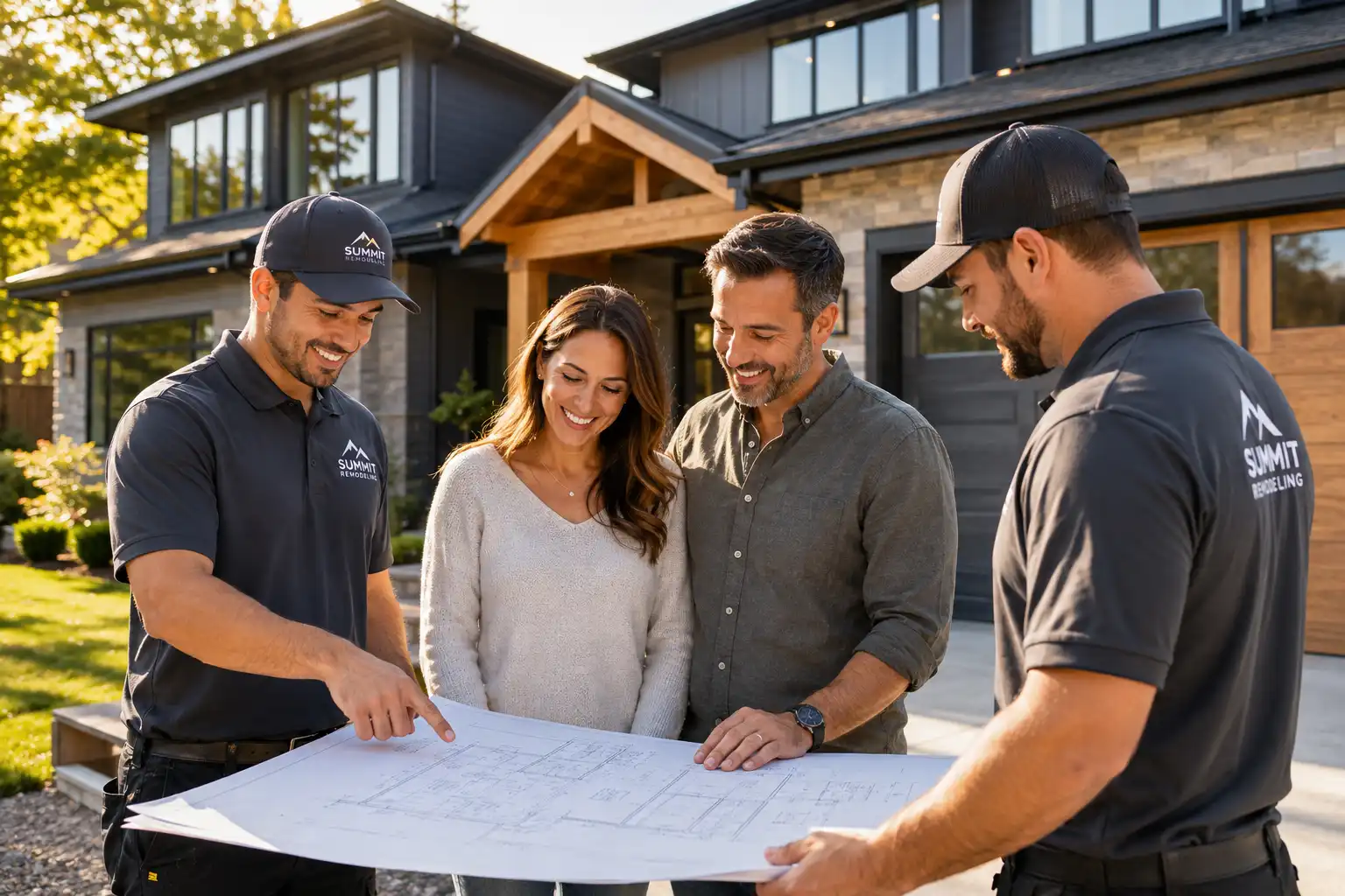 M&M Home Services showing skilled contractors reviewing blueprints with homeowners in front of a renovated house