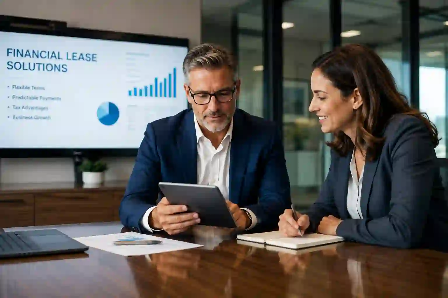 Navitas financing showing a business owner reviewing financial agreements with a finance specialist in a modern office