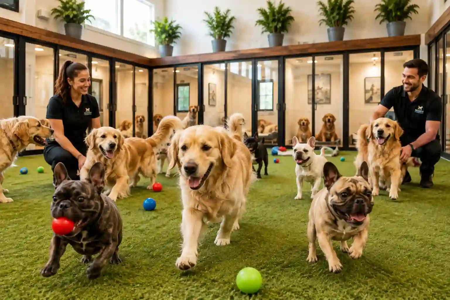 Norwalk Pooch Hotel showing happy dogs playing in a luxurious indoor resort and play yard