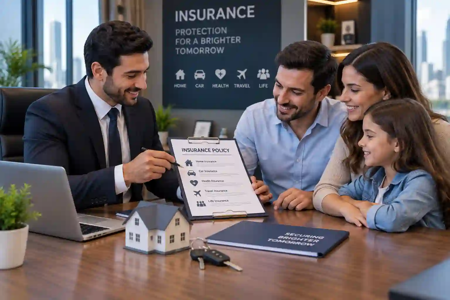 NWA insurance showing an advisor reviewing policy documents with a family in a modern office