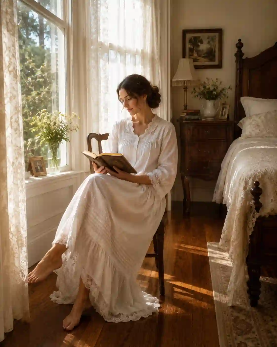 Old fashioned cotton nightgown showing a serene woman in a white lace-trimmed nightgown in a sunlit bedroom