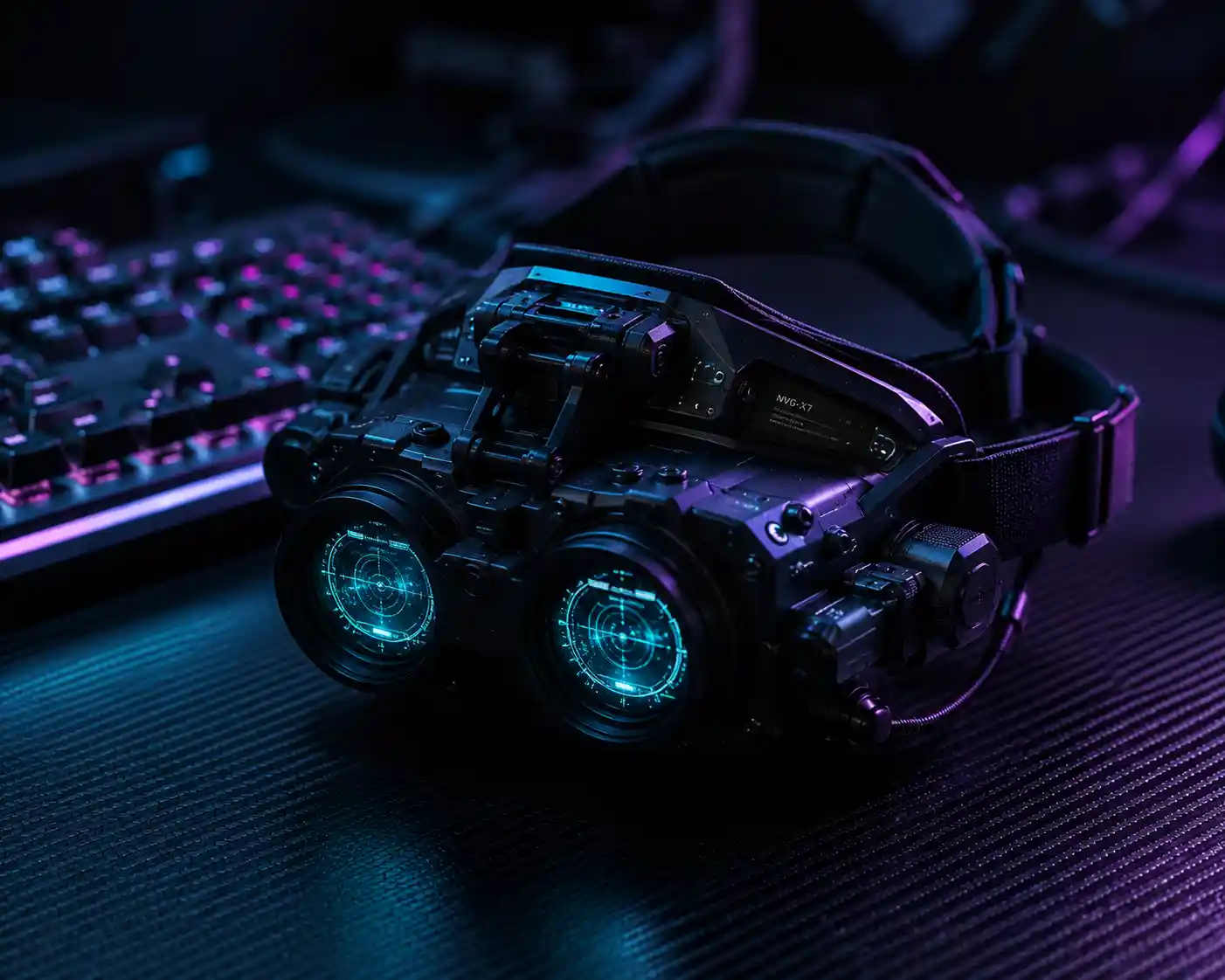 OMG latest NVG gaming technology featuring futuristic glowing tactical optical goggles on a gaming desk
