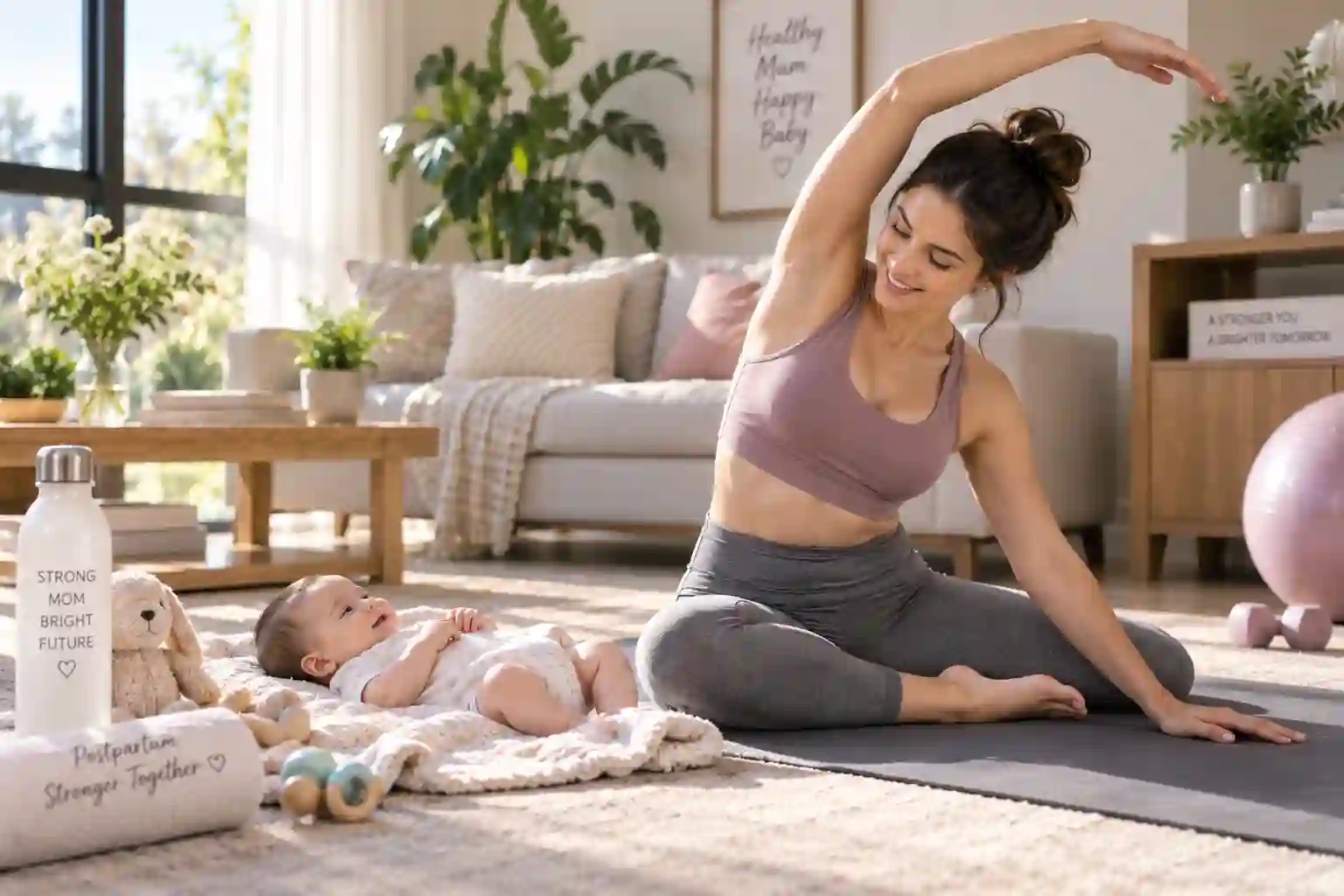 Postpartum recovery showing a smiling mother practicing gentle core stretching in a sunlit room