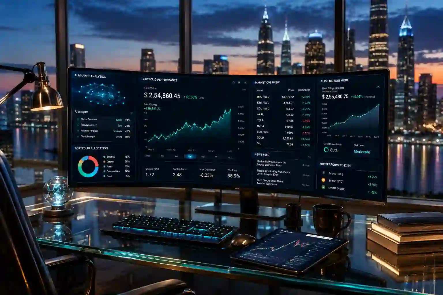 RCO Finance potential returns showing an AI-driven trading dashboard with cross-asset analytics and growth charts