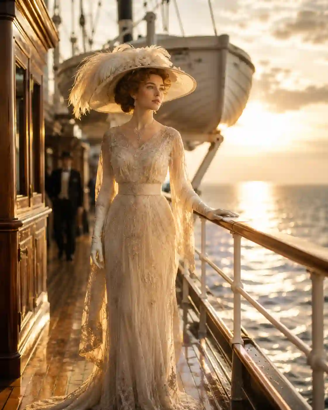 Titanic era fashion showing an elegant woman in a beaded silk chiffon gown and picture hat on an ocean liner deck in 1912