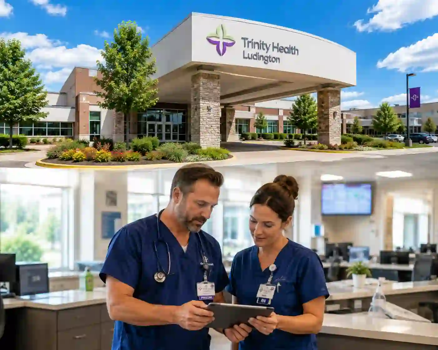 Trinity Health Ludington showing a modern hospital entrance and medical professionals reviewing digital charts
