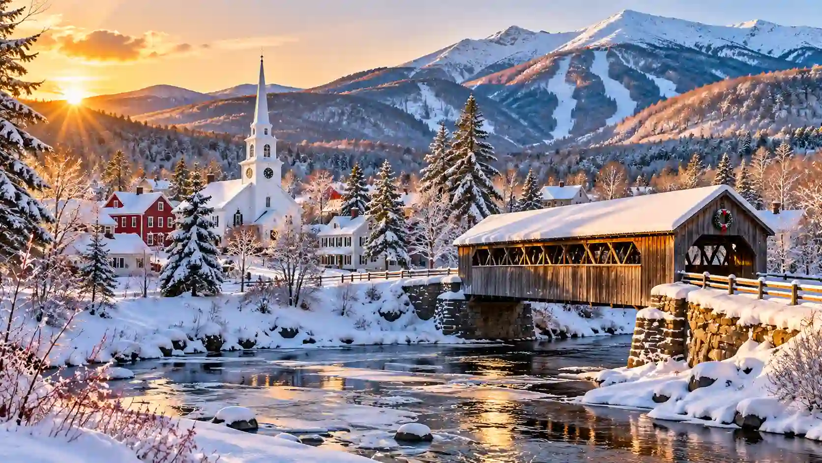 Best Places To Visit In East Coast During Winter showing snow-covered mountain village in Stowe Vermont