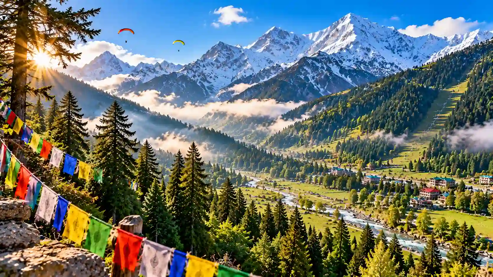 Best Places to Visit in Shimla Kullu Manali showing snow-capped Himalayan peaks and pine forests in Himachal Pradesh