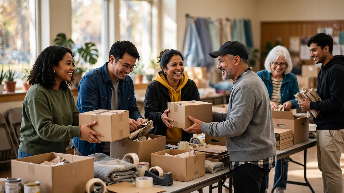 Advantages of starting a nonprofit organization — volunteers packing donation boxes at a community charity event