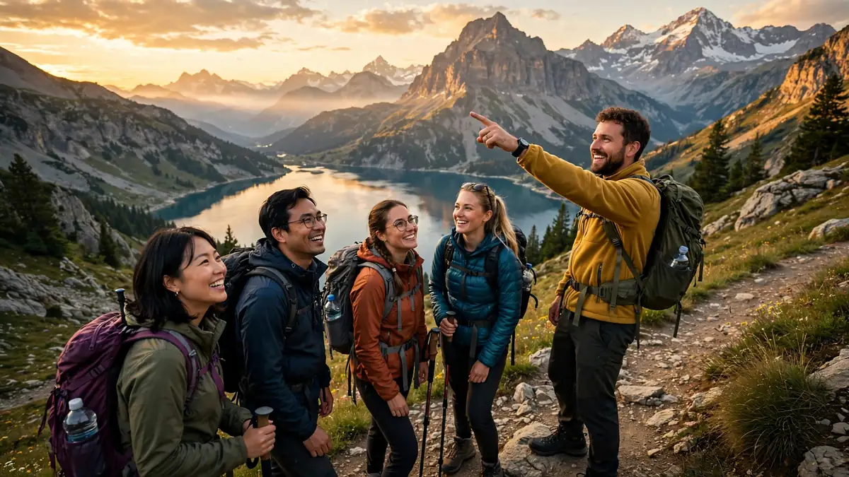 Group of hikers on a mountain trail overlooking a lake at golden hour