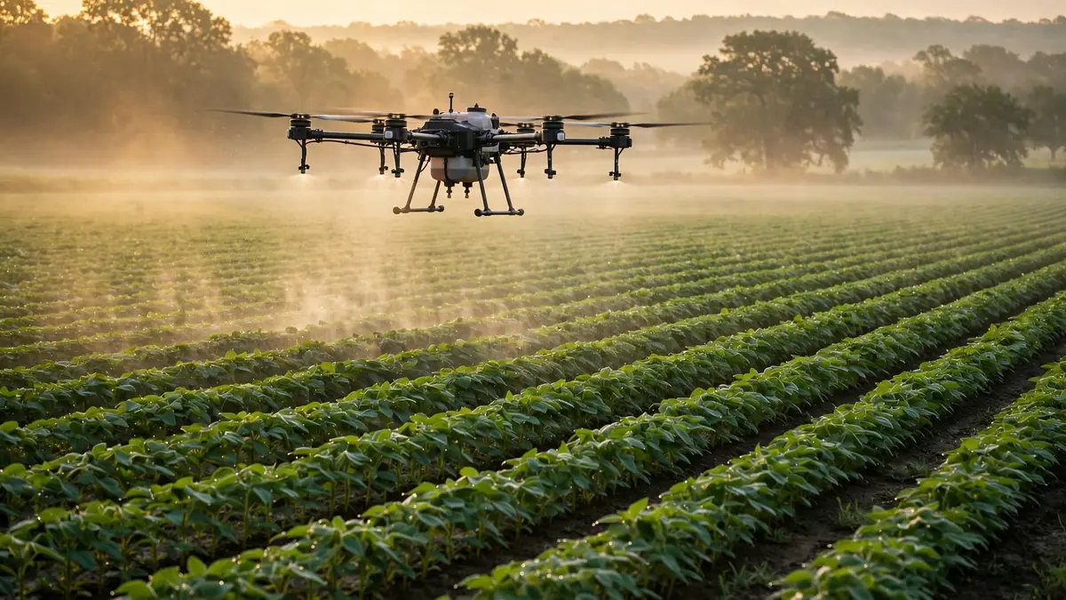 Agriculture drone sprayer flying low over green crop rows during precision spraying
