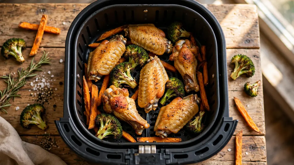 Air fryer cooking time chart guide showing crispy chicken wings, broccoli and sweet potato fries in an air fryer basket