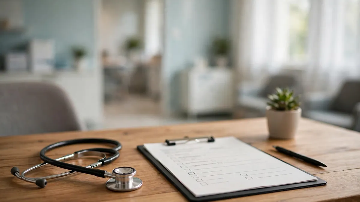 Doctor's desk with stethoscope and vaccination consent form in a bright clinic room
