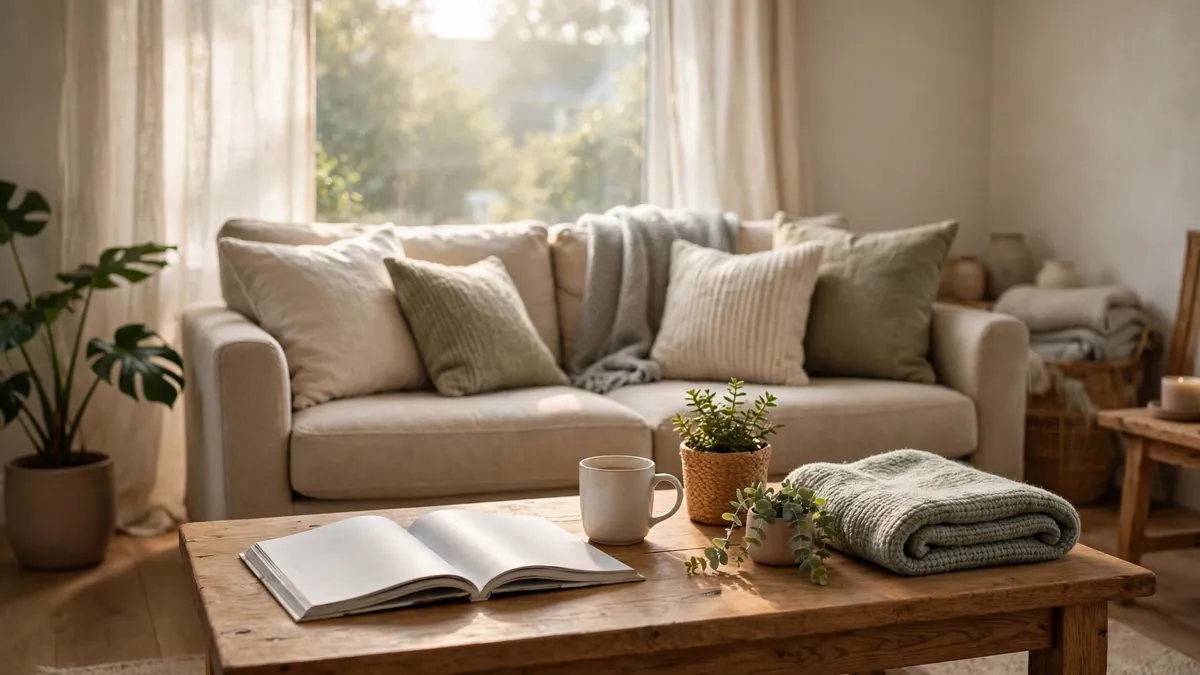 Open lifestyle magazine on a coffee table in a bright American living room, illustrating a guide to modern living magazines