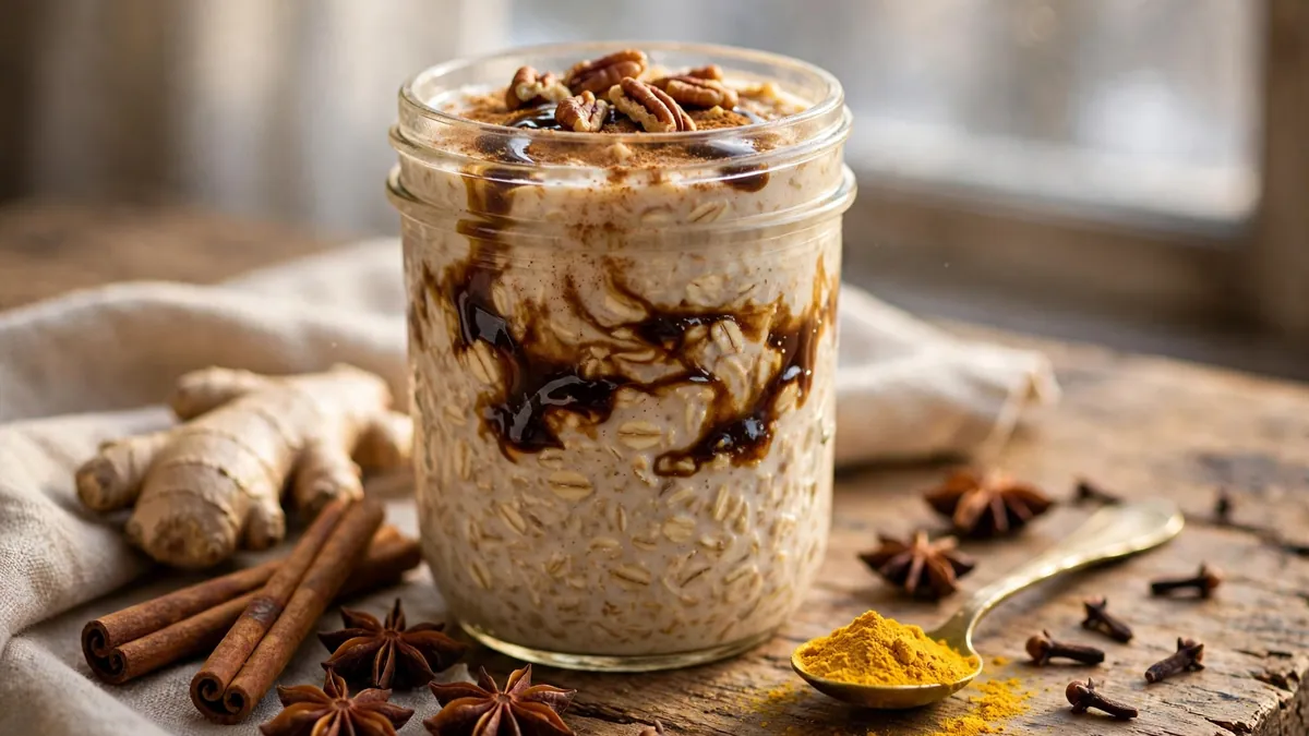 Anti-inflammatory gingerbread overnight oats in a mason jar topped with pecans, molasses drizzle, and warm spices