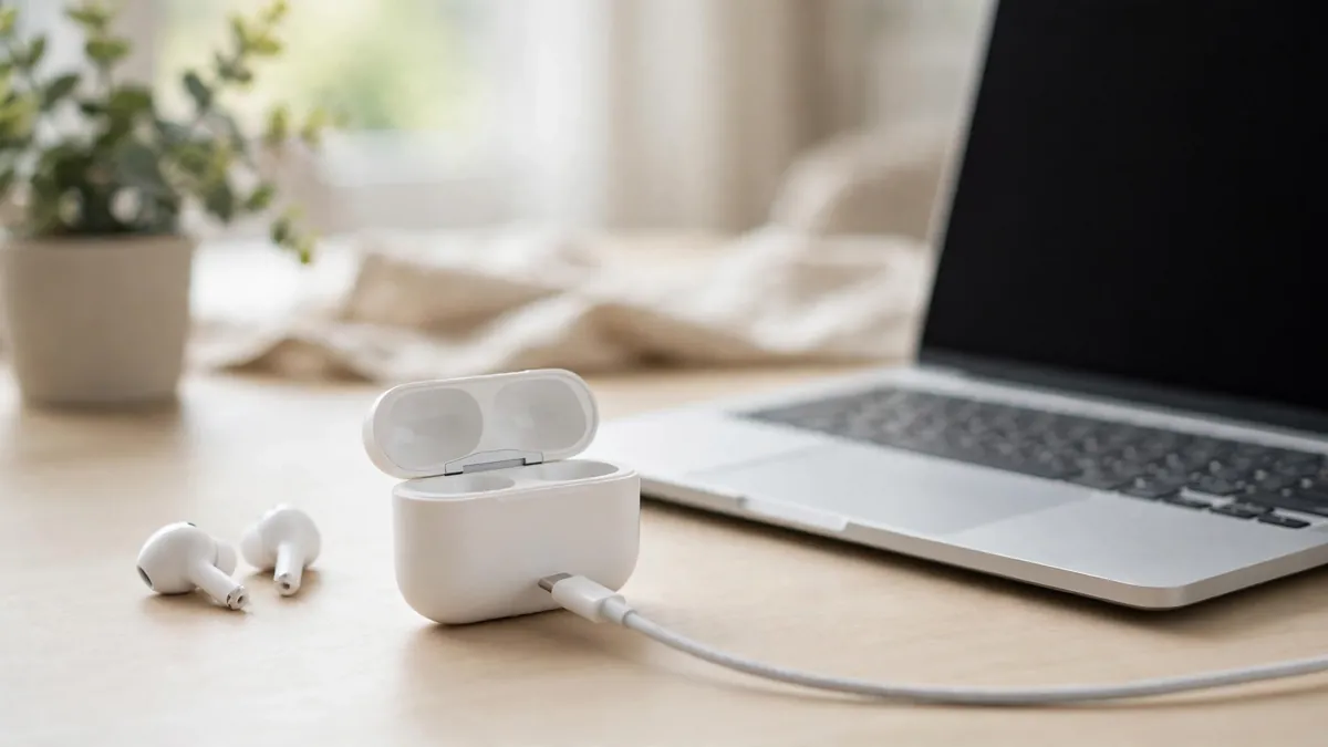 Wireless headphones charging case with USB-C cable on a desk beside a laptop