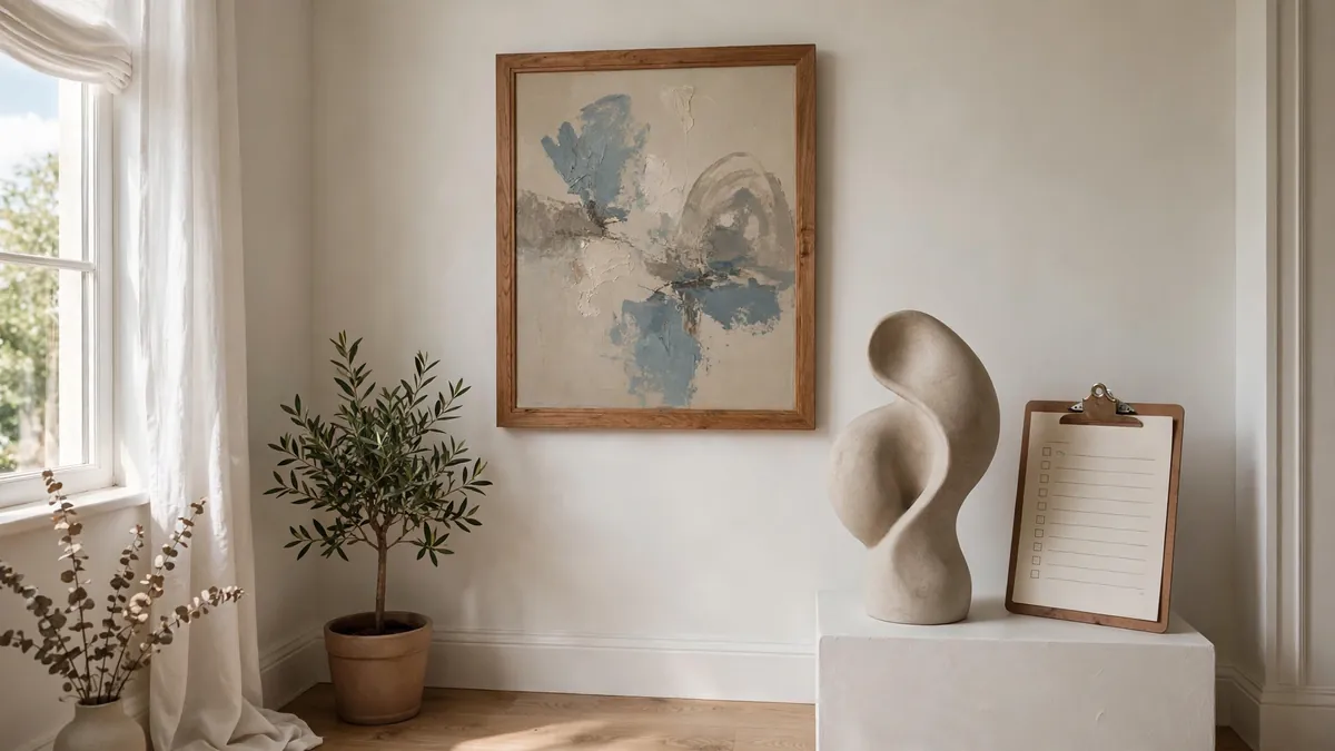 Framed painting and sculpture in a home collection corner, illustrating AXA art insurance and protecting valuable masterpieces