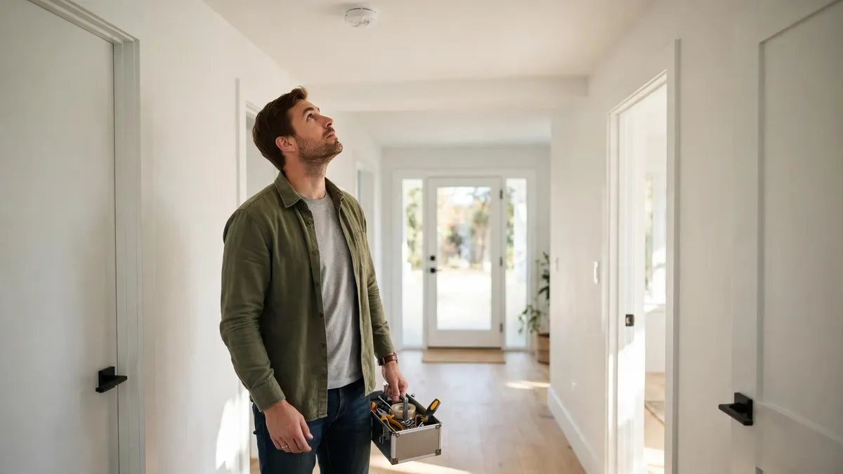 New homeowner holding a small toolbox in a bright hallway under a smoke alarm, following a basic home maintenance checklist for new homeowners