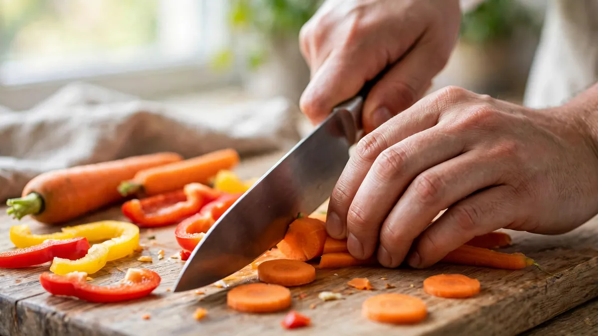 Hands using a pinch grip on a chef knife slicing carrots on a wooden board, guiding hand in a claw grip, showing basic knife skills for beginners