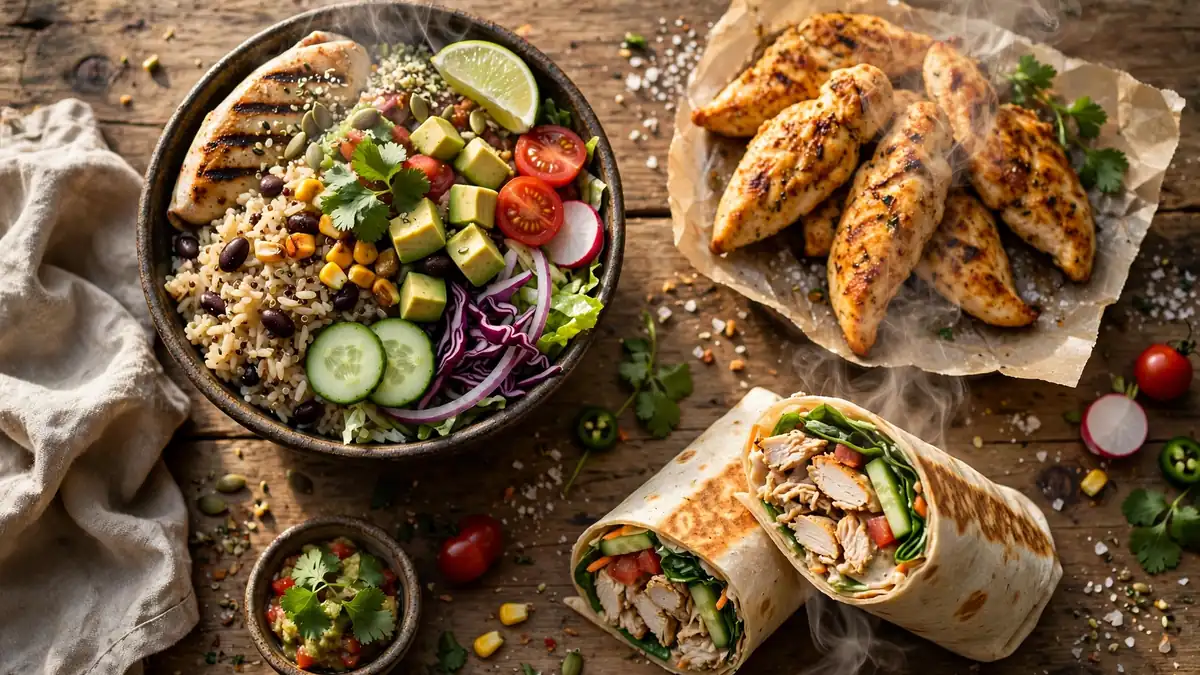 Overhead view of high protein fast food meals including a grilled chicken burrito bowl, grilled chicken tenders, and a chicken wrap