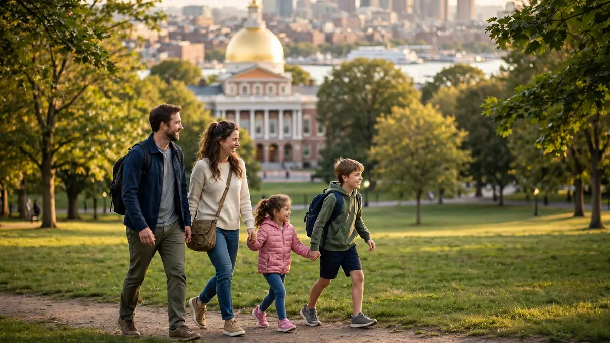 Family walking across Boston Common with children on a sunny day