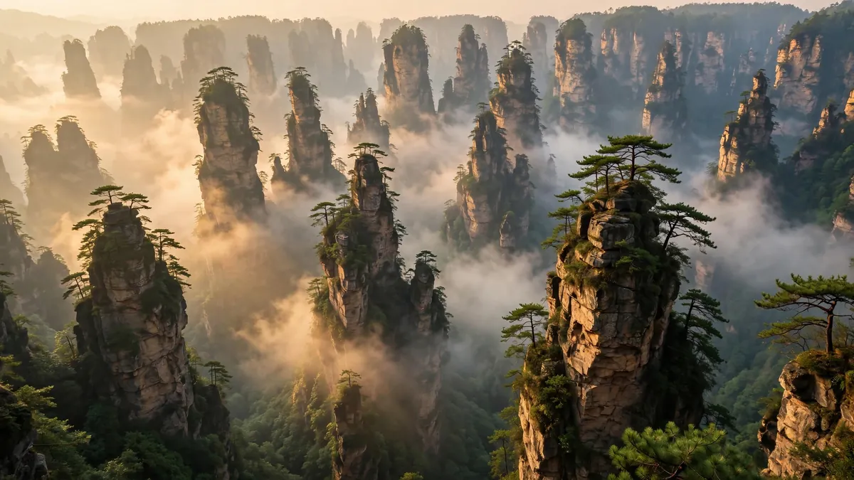 Zhangjiajie sandstone pillars in morning mist, one of the best places to visit in China for nature