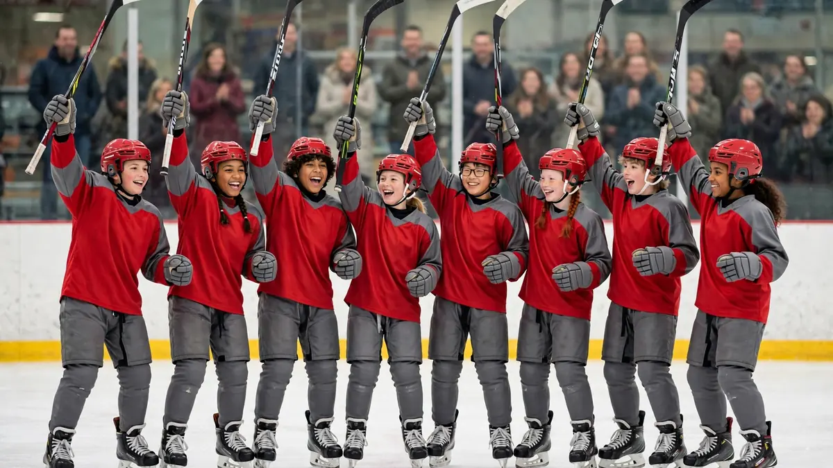 Youth travel hockey players celebrating a goal on the ice in Ohio