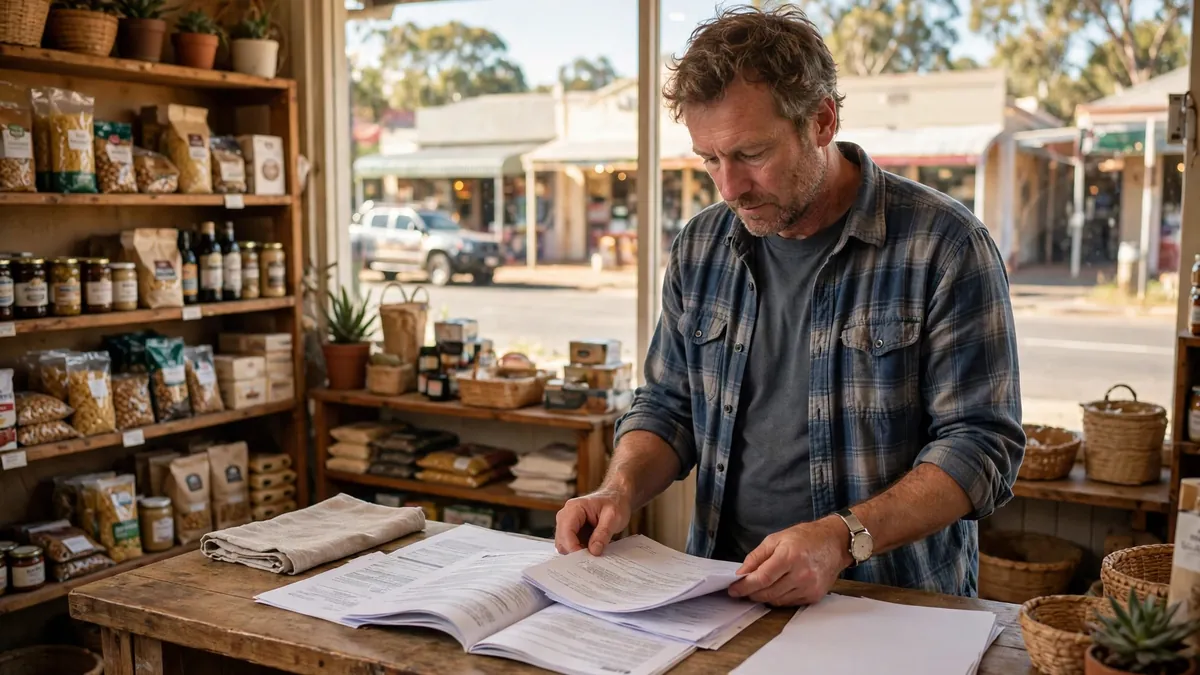 Regional shop owner reviewing business insurance documents at the counter, illustrating business insurance in Stawell and securing a business future